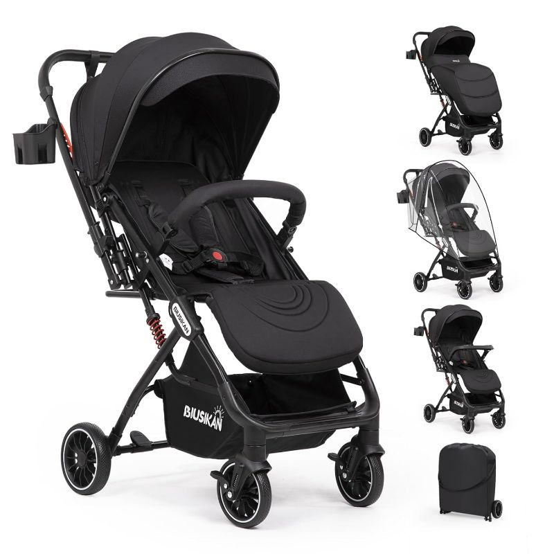 Photo 1 of Baby Stroller, Lightweight Stroller w/Snack Tray, Footmuff, Raincover, Cup Holder & Travelbag, Travel Stroller w/All-Scene Suspension System, Infant Stroller Large Basket 7-18 Months (Black)