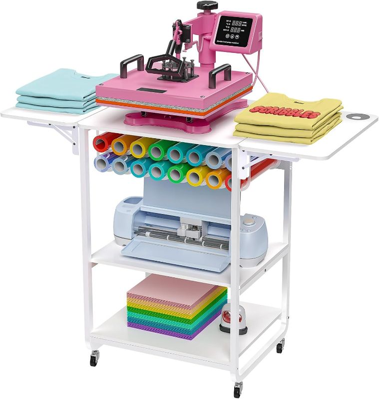 Photo 1 of 3 Tier Movable Heat Press Table, Foldable Heat Transfer Machine Stand with Vinyl Roll Holder, Heavy Duty Rolling Metal Workbench for DIY Sublimation Transfer Machine and Printer