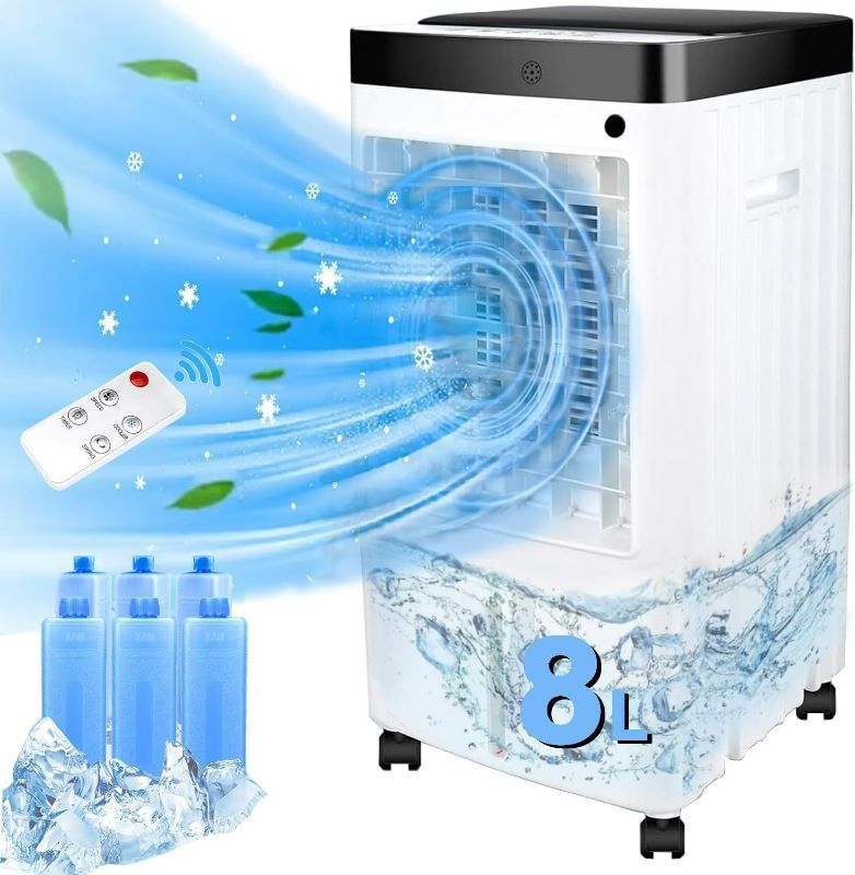 Photo 1 of Portable Air Conditioners with 8L Water Tank, 2024 New Quiet Swamp Cooler 3 Adjustable Speeds, 70° Oscillation, 6 Ice Packs, Remote Control, Efficient Air Cooling for Rooms, Bedrooms, Office