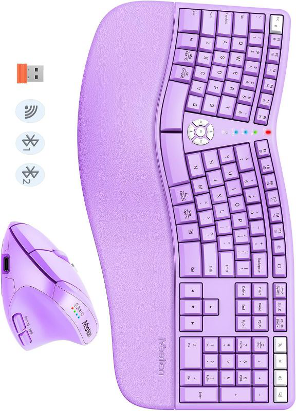 Photo 1 of MEETION Ergonomic Keyboard and Mouse Wireless Combo, Bluetooth/2.4G Ergo Split Keyboard with Palm Rest, 4 DPI Adjustable Wireless Mouse, Full Size Rechargeable Keyboard for Windows/Mac/Android Purple