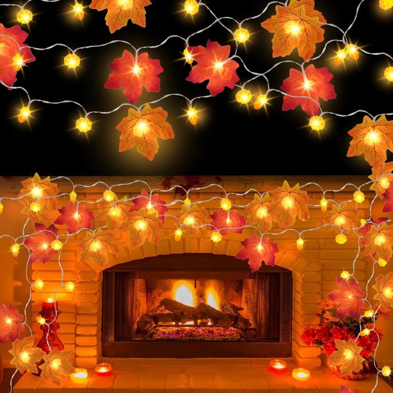 Photo 1 of 4 Pack Fall Decor Lighted Fall Garland, Total 40 Ft 80 LED Fall Maple Leaves Garland with Lights 28 Pumpkins 24 Acorns Timer for Autumn Harvest Thanksgiving Halloween Indoor Outdoor Decor