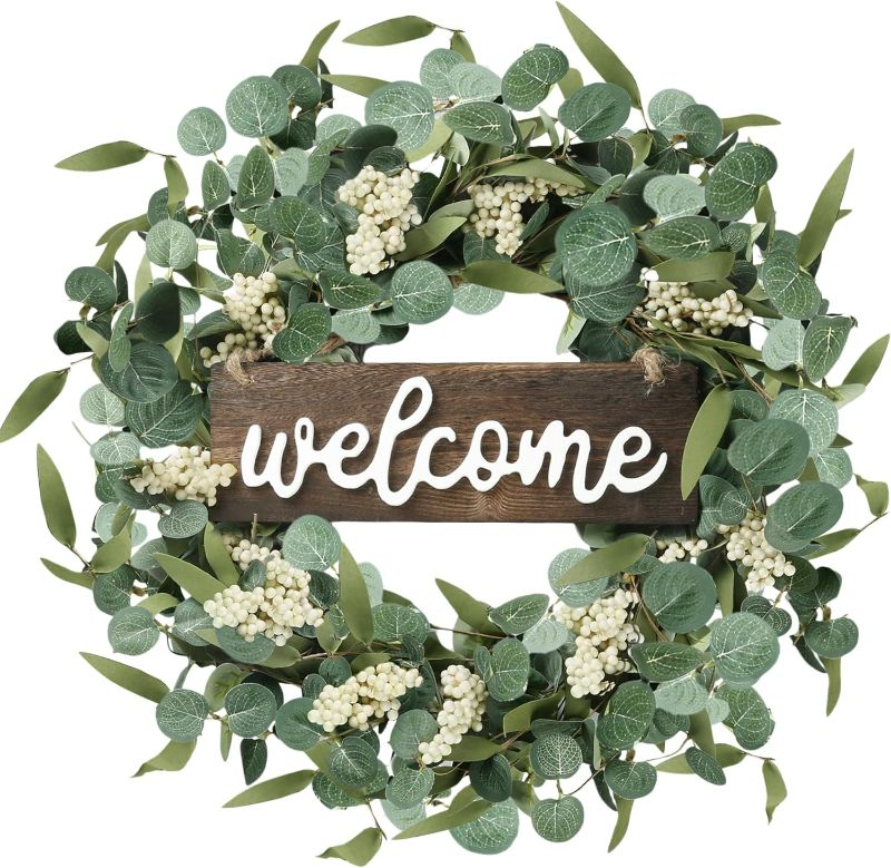 Photo 1 of Sggvecsy Green Artificial Eucalyptus Wreath with Welcome Sign 20in Spring Summer Wreath with White Berries for Front Door Wall Window Festival Farmhouse Porch Patio Garden Decor