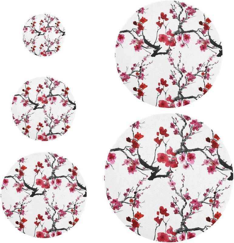 Photo 1 of Seamless Pattern with Red Pink Cherry Blossoms Flowers on White Reusable Round Food Covers, 5 Sizes Elastic Food Storage Lids, Polyester Bowl Covers, Elastic Wraps for Cups Bowls Plates Pots