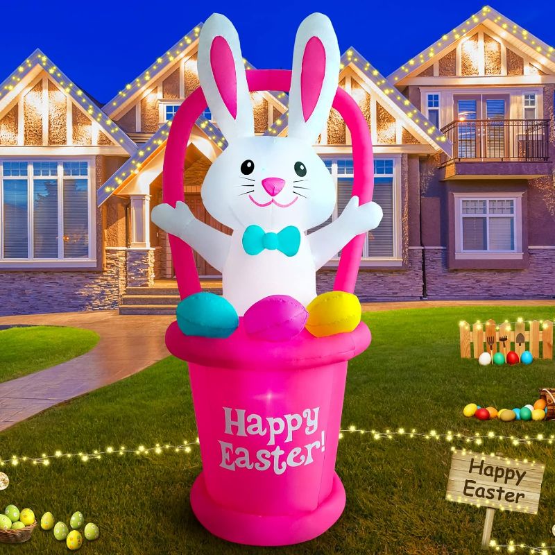 Photo 1 of 7 Ft Easter Inflatable Yard Decorations, Blow up Easter Bunny with Basket Light up Outdoor Decor for Holiday Party Indoor Outdoor Garden Lawn