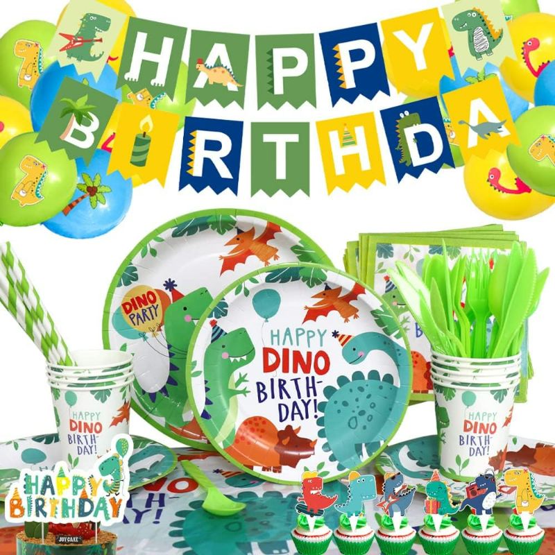 Photo 1 of Dinosaur Party Decorations Birthday Plates Set for 10 Guests,141 PCS Boy Kids Party Paper Plates Cups and Napkins Straws Disposable Tableware Party Supplies