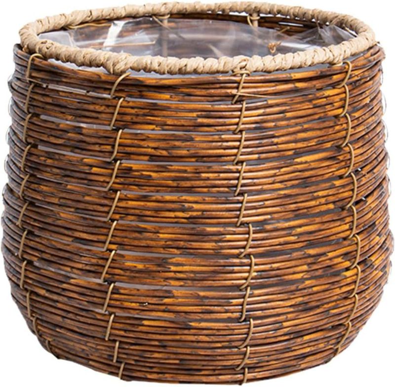 Photo 1 of BESPORTBLE Rattan Flower Basket, Wicker Woven Planter with Plastic Liner, Small Trash Can, Round Plant Flower Pot for Bathrooms Kitchens Home Office 17cm