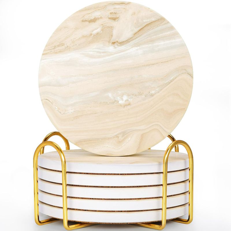 Photo 1 of GOH DODD Coasters for Drinks Set of 6, Absorbent Marble Style Ceramic Coaster Set Cup Coasters Tabletop Protection Home Decor with Metal Holder for Coffee Table, Beige, Round, 4 Inches