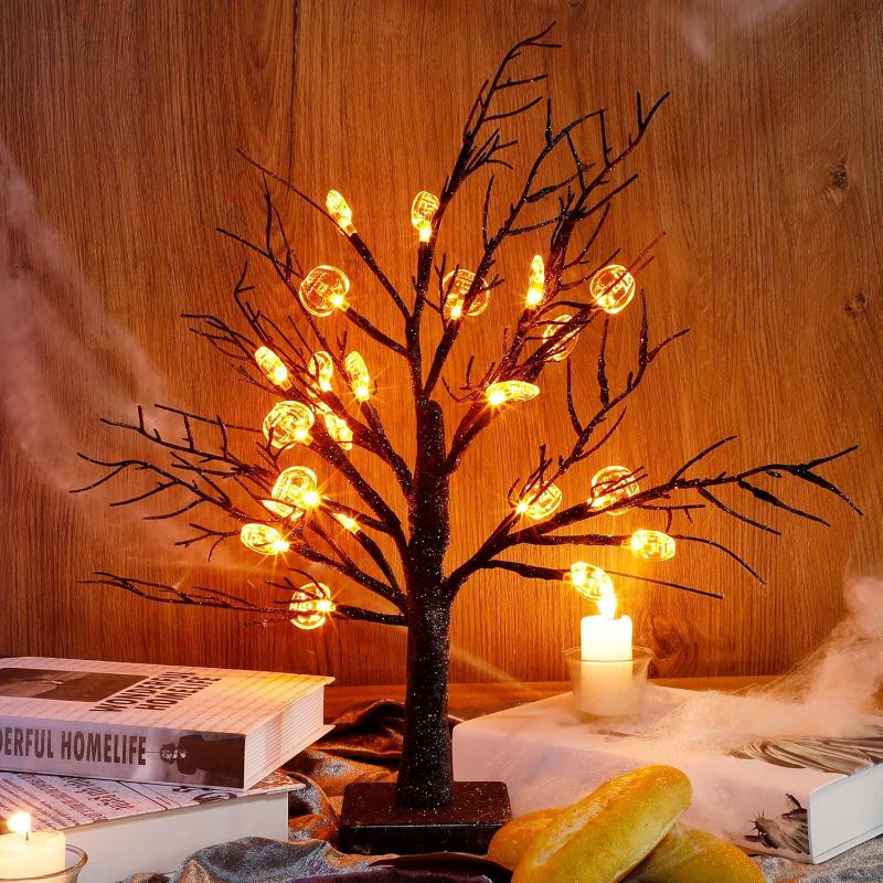 Photo 1 of 18 Inch Lighted Black Birch Tree with 24 Pumpkins, Halloween Lighted Tree, Led Tree Light Halloween Decorations for Indoor Office Home Tabletop, Battery Operated