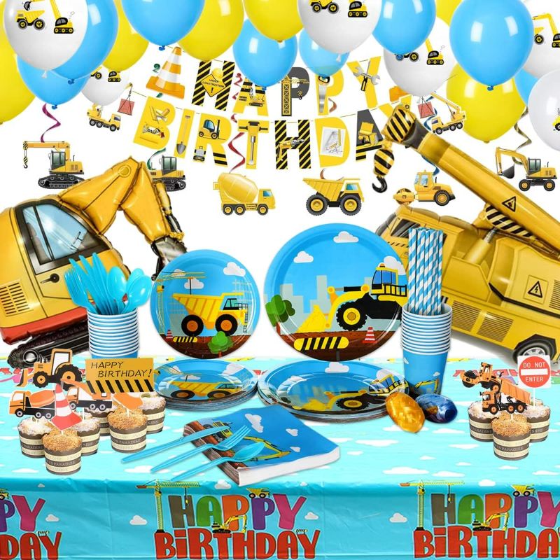 Photo 1 of Construction Birthday Party Supplies Set For Boys - 24 Guests – Dump Truck And Tractor Party Decorations, Paper Plates Cups Napkins Straws Balloons Cutlery Toppers Banners Tablecloth