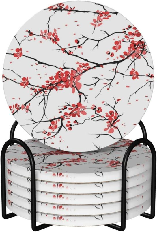 Photo 1 of Set of 6 Ceramic Coaster with Cork Base,Plum Blossom Painting Coasters with Holder,Round Absorbent Drink Coasters Set for Housewarming Table Protection Cups Coffee Beer Bar Home Decor