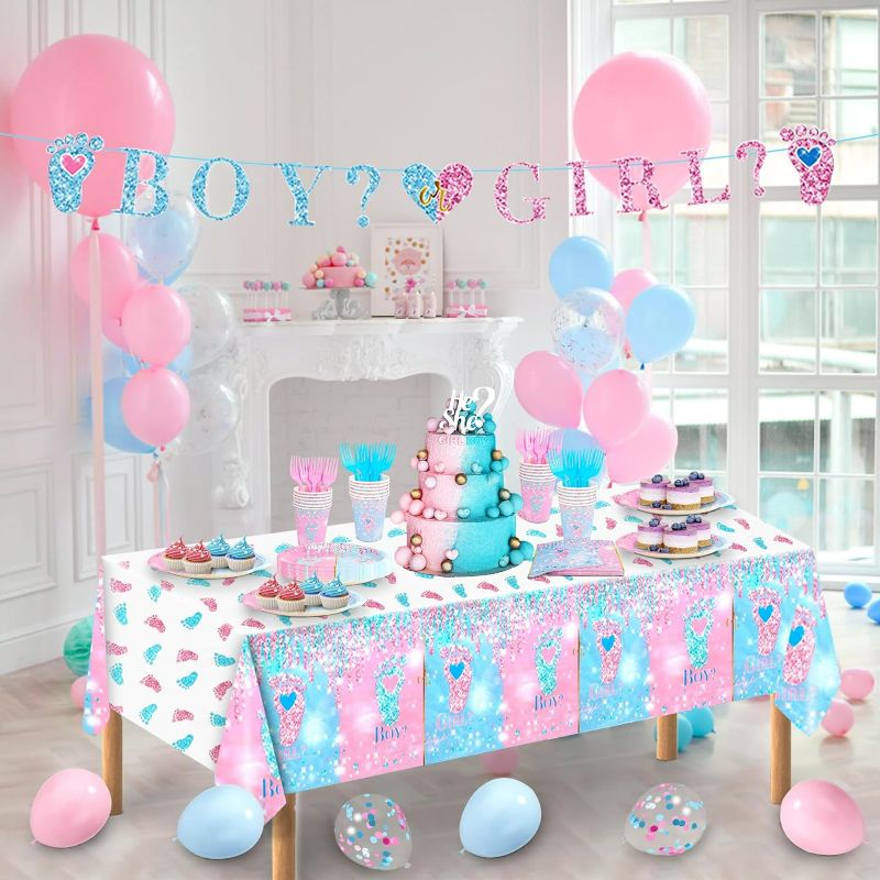 Photo 1 of Gender Reveal Party Decorations, 146Pcs Gender Reveal Plates-Serve 24, Boy or Girl Party Tableware Set with Disposable Paper Plates Napkins Cups Tablecloth for Gender Reveal Party Supplies