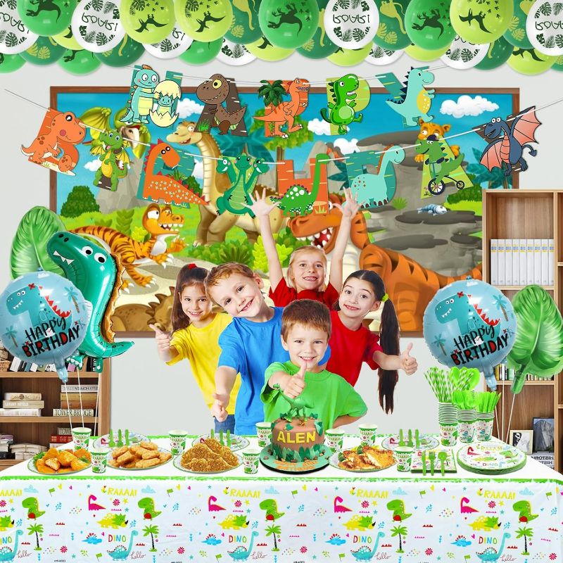 Photo 1 of Dinosaur Party Supplies, Dinosaur Party Decorations, Including Happy Birthday Banner, Balloons, Tablecloth, Plate, Cups, Palm Leaves Balloons for Kids Party, Boys, Girls, Serves 20