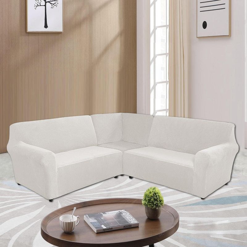 Photo 1 of MIFXIN Sectional Corner Sofa Covers 5 Seat L-Shaped Sectional Couch Slipcovers 3 Piece Velvet Stretch Soft Washable Furniture Sofa Protector for 5-Seater Corner Sofas (White)