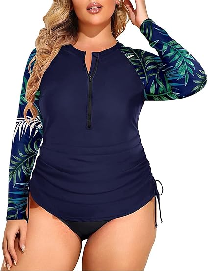 Photo 1 of SIZE LARGE Holipick Women Two Piece Plus Size Zipper Long Sleeve Rash Guard UPF 50+ Swim Shirt with Bottom Bulid in Bra Swimsuit