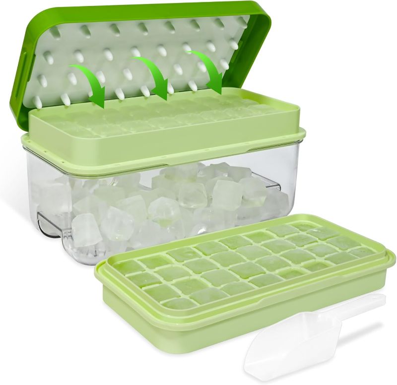 Photo 2 of Ice Trays for Freezer with Lid & Bin, Ice Cube Tray Making 64 pcs Ice Cubes, Easy Press to Release Ice, Ice Tray with Storage Bin Chilling Cocktail Whiskey Coffee 2 Trays 1 Ice Bucket & Scoop (Green)