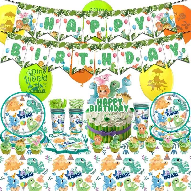 Photo 1 of Dinosaur Birthday Party Decorations, 120pcs Little Dinosaur Party Set, Animal Pattern Party Cutlery, Boys And Children's First Birthday Party, Cute Balloon Decoration, Suitable For 10 Guests