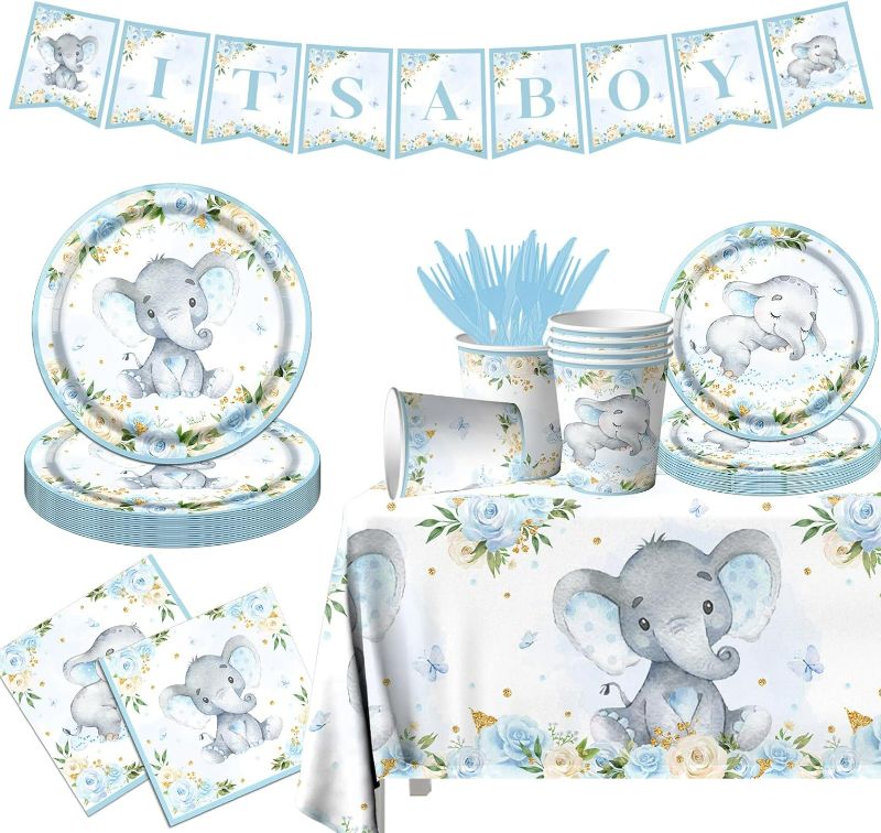 Photo 1 of 
142Pcs Blue Elephant Baby Shower Decorations for Boy It's A Boy Plates and Napkins Set with Cups Forks Tablecloth and Banner Baby Boy Gender Reveal...