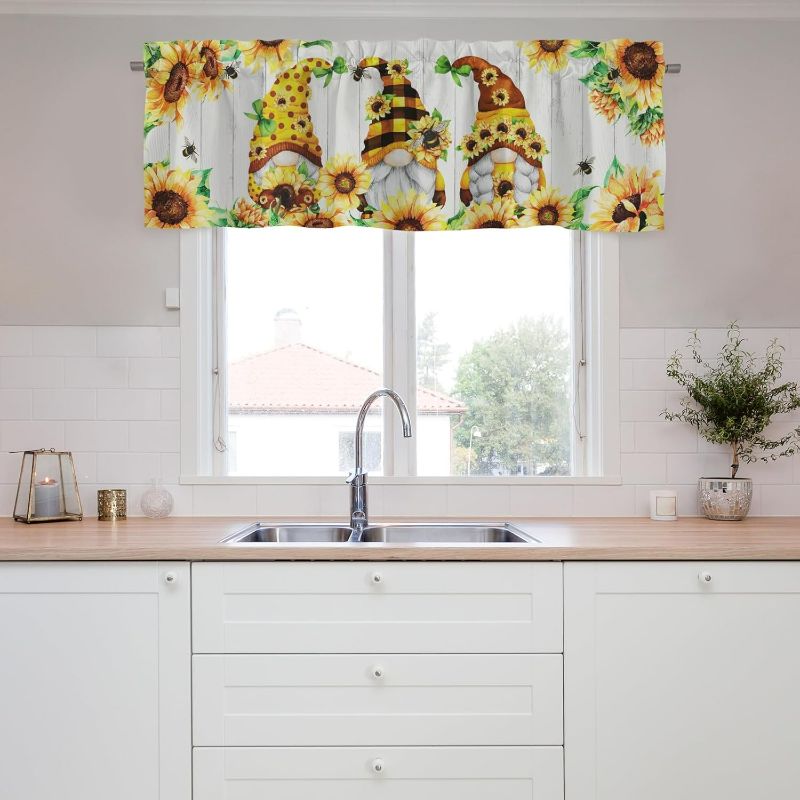 Photo 1 of Spring Summer Bee Gnome Sunflower Curtains Valance for Windows, Seasonal Flower Polka Dot Plaid Short Half Topper Rod Pocket, Farmhouse Home Living Room Bedroom Door Decor 54