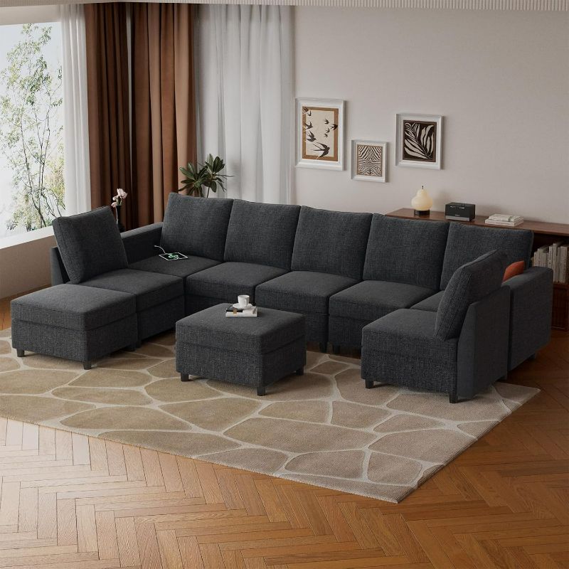 Photo 1 of VINGLI 131.6" Dark Grey Linen Oversized Modular Sectional Sofa with Storage and USB Chargers, Comfy Sectional Sofa with 7 Seats 2 Ottomans,9 Pieces Modern Couch Convertible Sleeper Bed for Living Room