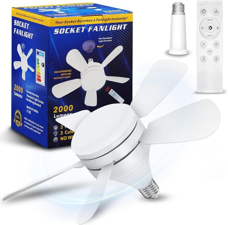 Photo 1 of Socket Fan Ceiling Fan with Light, Screw in Ceiling Fan Dimmable LED Fan Light Ceiling Fan with Remote - 2000 Lumen 3000K-6500K, Ceiling Fan Light Bulbs for Bedroom Kitchen Garage Laundry Room