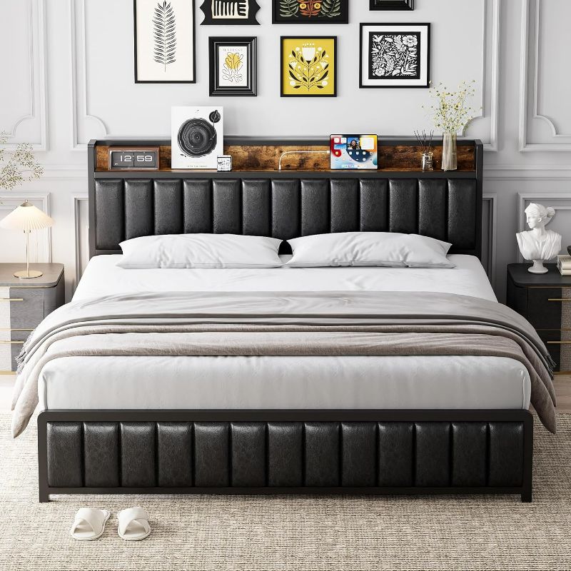 Photo 1 of Queen Size Bed Frame with Shelf Headboard and Charging Station, Industrial Upholstered Platform Bed with Outlets, Heavy Duty Metal Slats Support, No Box Spring Needed, Easy Assembly, Black