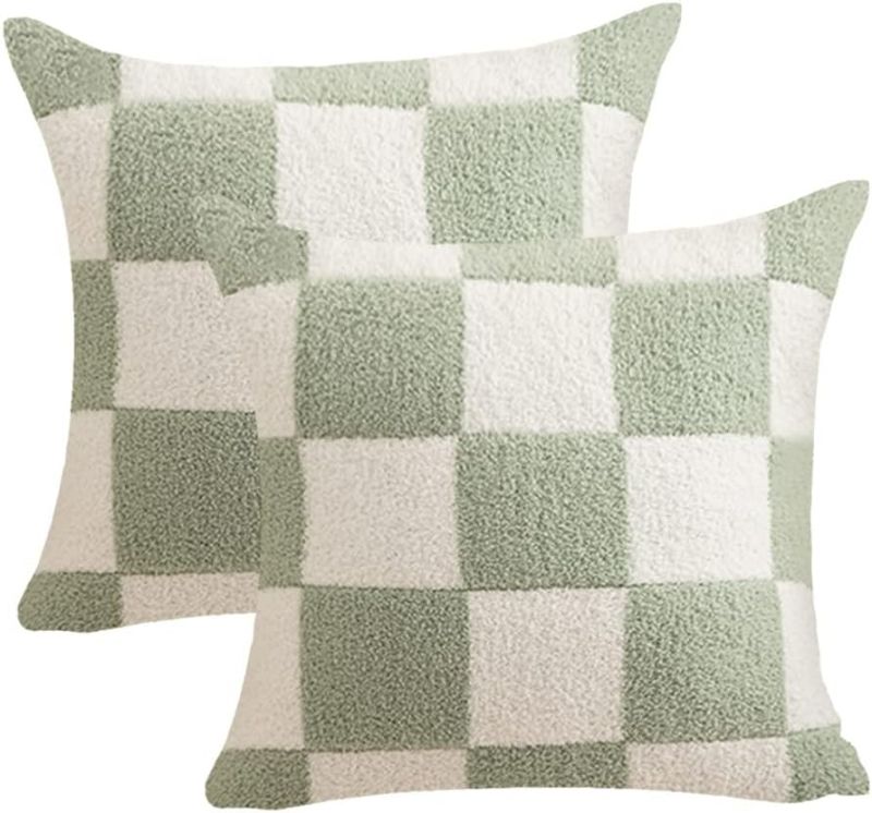 Photo 1 of NIDITW Set of 2 St Patrick's Day Gift Ultra Soft Checkerboard Throw Pillow Cover Fuzzy Microfiber Chessboard Gingham Cushion Case Cozy Checkered Pillowcase Decor for Sofa Couch 18x18 Inches (1-Green)