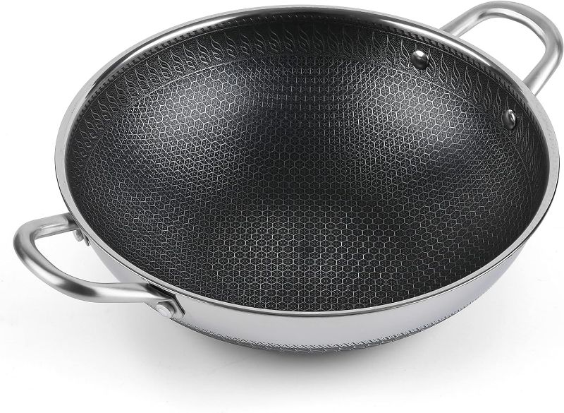 Photo 1 of Hikaru 12.5” Wok Pan with Dual Honeycomb Wok Stainless Steel Wok Pan with Nonstick Coating, Frying Pans Cookware, Two Handles,Works with Induction ,Gas, Electric, Ceramic Furnace Stove, With Lid