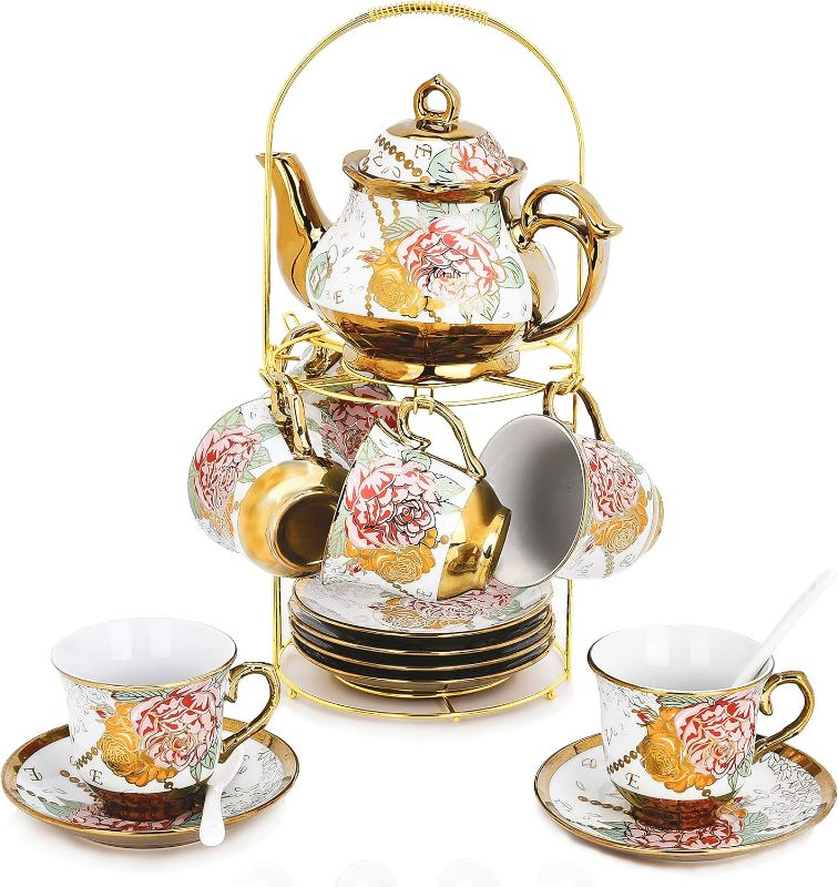 Photo 1 of DaGiBayCn 20 Piece European Ceramic Tea Set Coffee set Porcelain Tea SetWith Metal Holder,flower tea set Red Rose Painting,160ML/Cup,460ML/Pot (Large version).