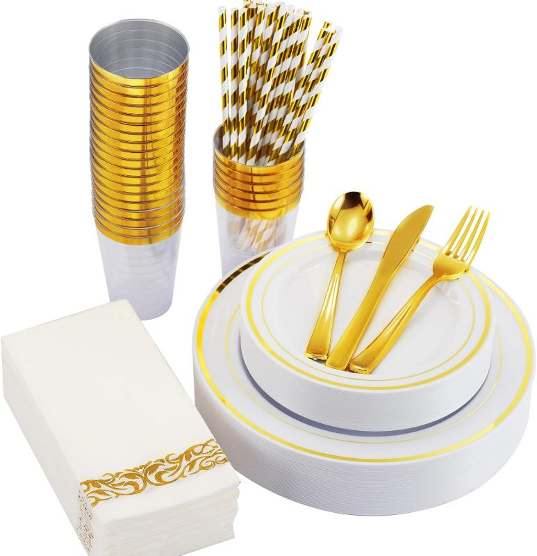 Photo 1 of ISFANCO 200 PCS Gold Dinnerware Set for 25 Guests,Gold Rimmed White Heavy Duty Plastic Disposable Plates for Party Wedding with Napkins,25 Dinner Plates,Dessert Plates,Spoons,Forks,Knives,Cups,Straws