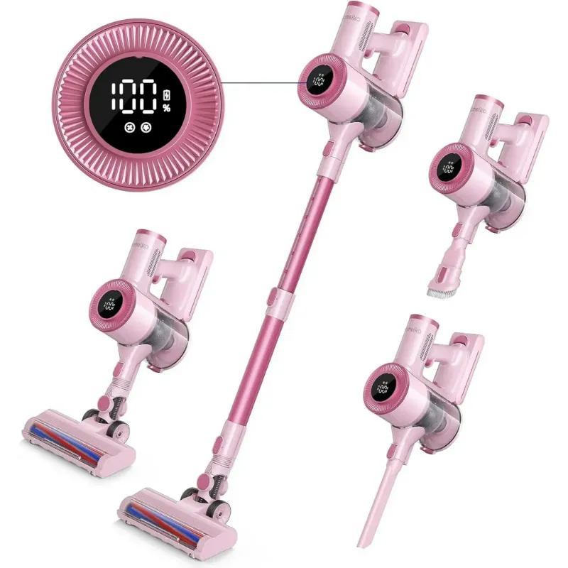 Photo 1 of Homeika-28k PA Cordless Vacuum- Digital Display- 50 Min Run Time- 3 Speeds- Telescopic – 300 Watts- Brushless Motor- 8 in 1- HEPA Filter- for All Floors- Detachable Battery (Pink)