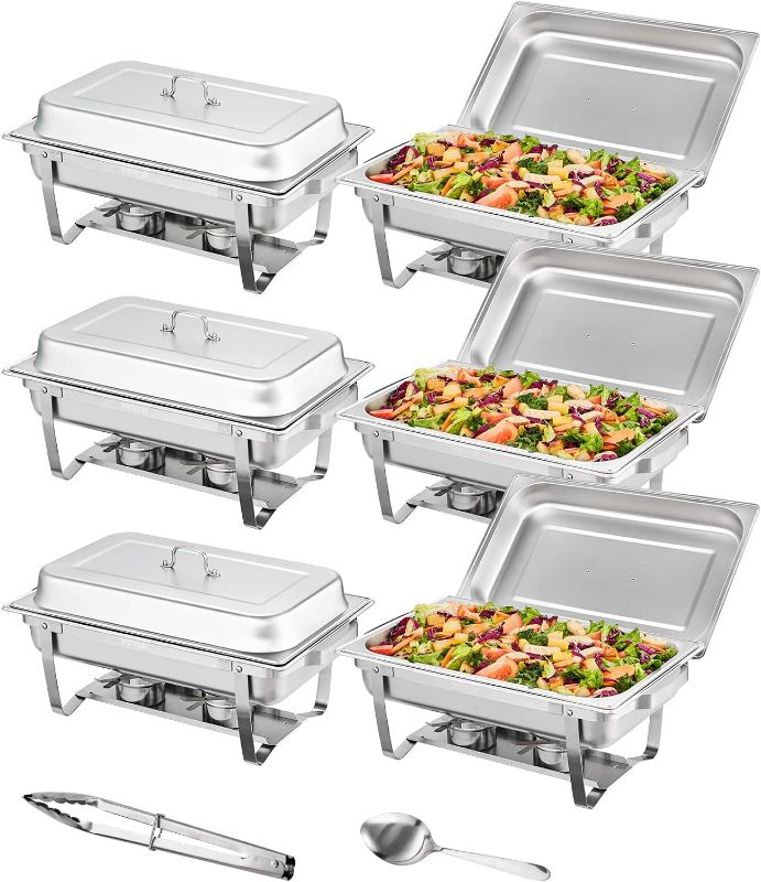 Photo 1 of VEVOR Chafing Dish Buffet Set, 8 Qt 6 Pack, Stainless Chafer with 6 Full Size Pans, Rectangle Catering Warmer Server with Lid Water Pan Folding Stand Fuel Holder Tray Spoon Clip, at Least 8 People Eac