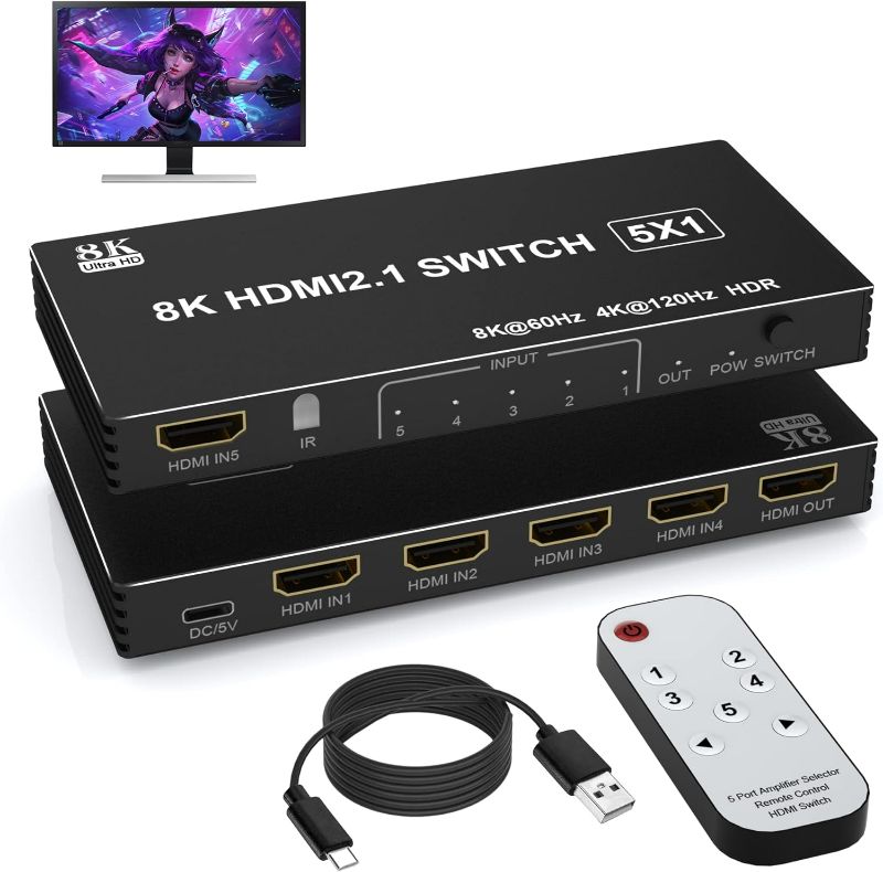 Photo 1 of 8K HDMI Switch 5 in 1 Out HDMI Splitter - 8K@60Hz/4K@120Hz HDMI Switcher 5 Port with IR Remote for Xbox PS4 PC TV
