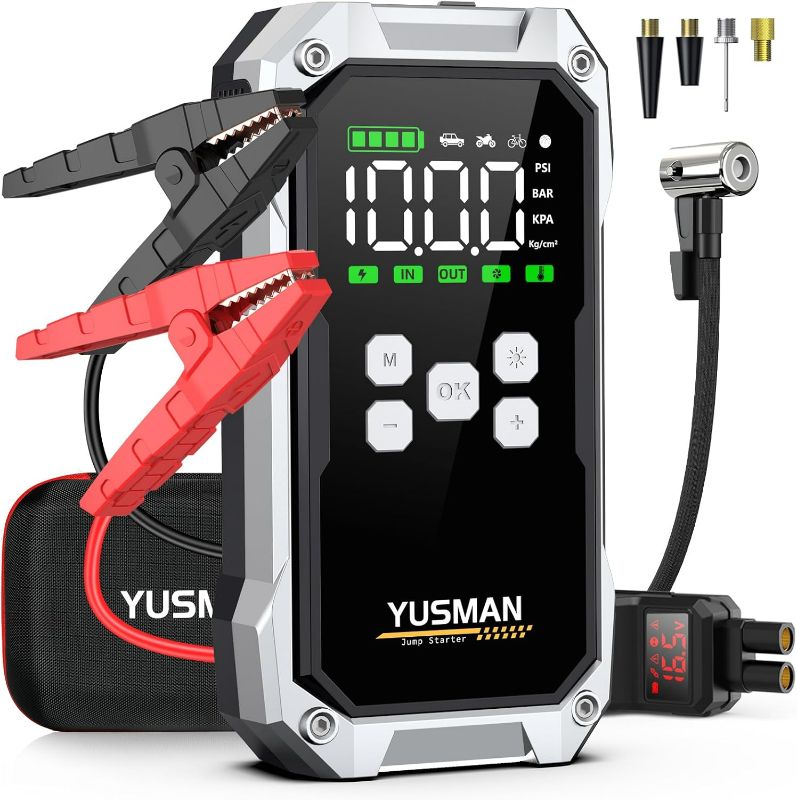 Photo 1 of Car Jump Starter with Air Compressor, 6000A 150PSI Jump Starter Battery Pack (All Gas/10.0L Diesel), 12V Battery Jump Starter with Display, Smart Jumper Cables, 2 LED Light