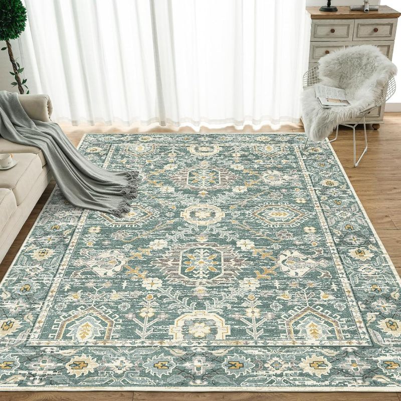 Photo 1 of OMERAI Washable Rugs 8x10, Vintage Style Machine Washable Area Rugs with Non-Slip Backing for Living Room, Bedroom, Home Decor, Green Washable Rug