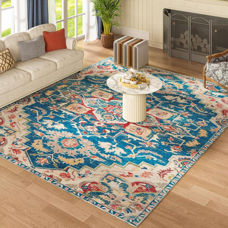 Photo 1 of OIGAE Machine Washable Area Rug for Living Room Bedroom Farmhouse Home/Office Decor, 4x6 Carpet Vintage Style Ultra-Soft with Non-Slip Backing, 0.26In Thick, Blue/Red