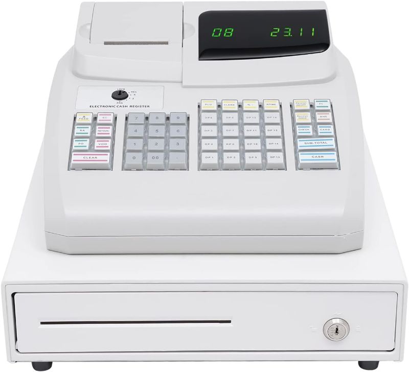 Photo 1 of Cash Register,Electronic Cash Register with 4 Bill 5 Coin,Removable Tray and Thermal Printer,Multifunction Cash Register for Small Business/Retail/Restaurant,White