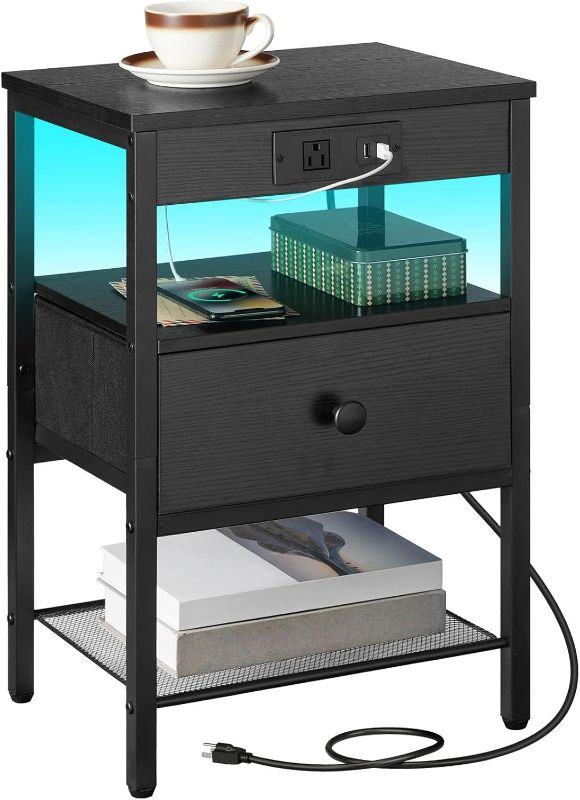 Photo 1 of HOOBRO End Table with Charging Station and LED Light, Nightstand with Adjustable Fabric Drawer, Bedside Table with Storage, 3-Tier Side Table for Bedroom, Dorms Black