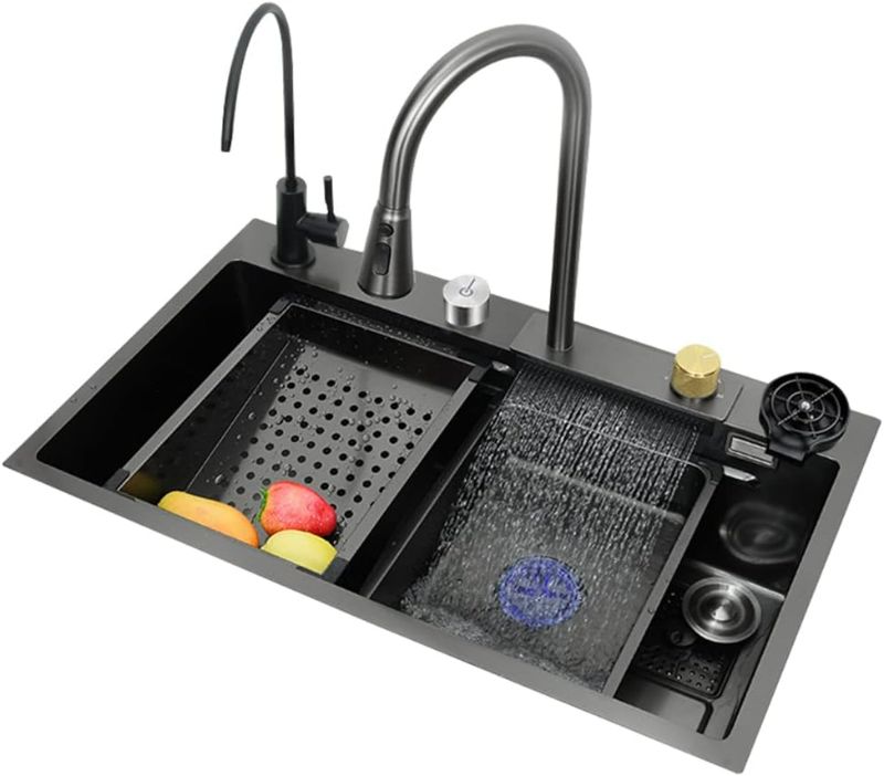 Photo 1 of Kitchen Sink Single Bowl Sink Flying Rain Waterfall Sink Household Sink, Workstation Kitchen Sink Domestic Sink Set,Integrated Sink with Pull-Out Tap, Chopping Board,Cup Washer (80×45×21cm)