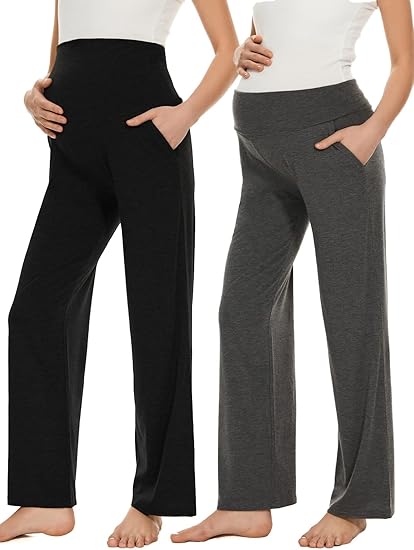 Photo 1 of  Size L  Ecavus Women's Maternity Wide/Straight Versatile Comfy Palazzo Lounge Pants Stretch Pregnancy Trousers with Pockets