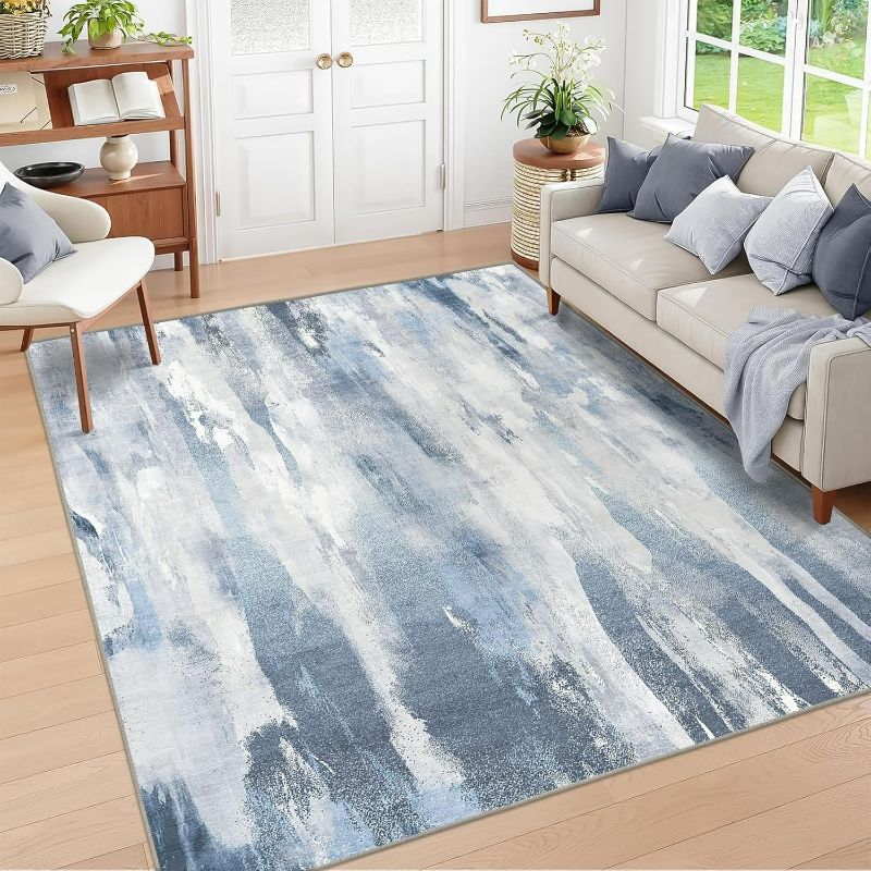 Photo 1 of INGEROOM Washable Area Rug - Area Rugs 5x7 Abstract Soft Machine Washable Rug with Non-Slip Backing for Living Room, Bedroom, Dining Room (Gray and Blue, 5'x7' Feet)