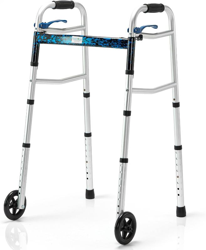 Photo 1 of Compact Folding Walker for Seniors by Health Line Massage Products, Standard Walker with 5 inch Wheels and Trigger Release, Mobility Aids Walker Supports up to 350 lbs