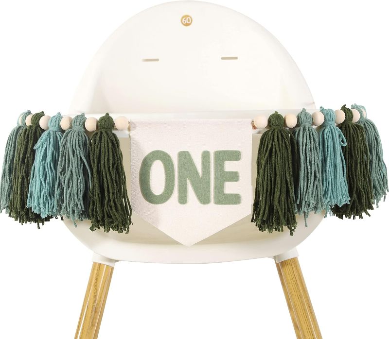 Photo 1 of Greenery 1st Birthday High Chair Banner,Nature 1st Birthday Highchair Banner , One Birthday High Chair Banner , Tassel Bunting , Wooden Tassel Garland (Greenery 1st Birthday Banner Green)