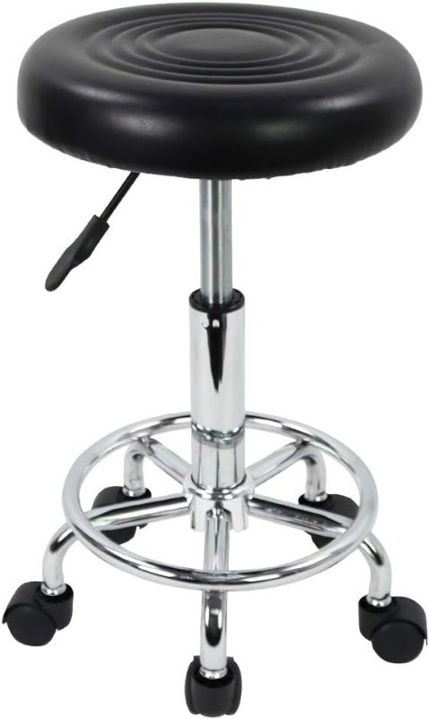 Photo 1 of KKTONER PU Leather Modern Round Rolling Stool with Footrest Height Adjustable Spa Drafting Salon Tattoo Work Massage Stools Task Chair Small (Black)
