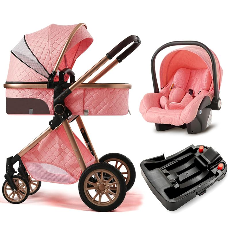 Photo 1 of 3 in 1 Baby Travel System Infant Baby Stroller Pushchair High Landscape Reversible Foldable Portable Stroller Newborn Pram Reclining Baby Carriage (with Base Pink)