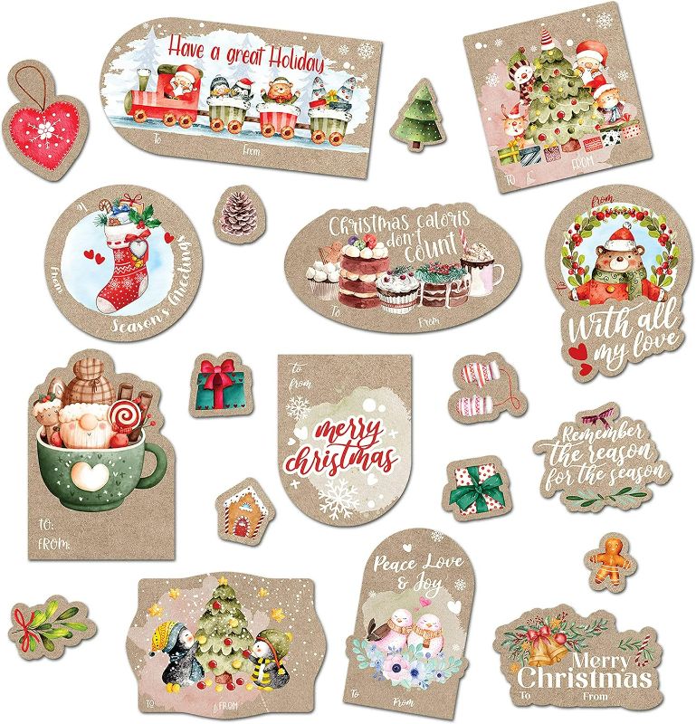 Photo 1 of Christmas Tags for Gifts - 50 Pieces Christmas Gift Tags Self-Adhesive Stickers - 10 Different Designs Gift Tags Sticker Christmas - to and from Christmas Labels for Gifts Self Adhesive - Kraft Color