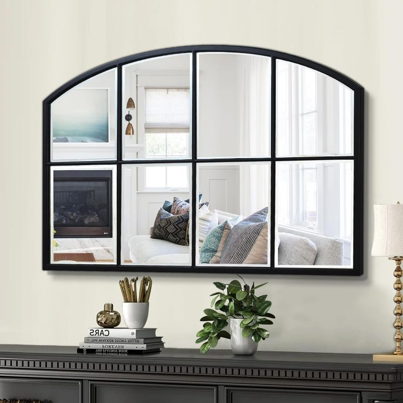 Photo 1 of Black Window Mirrors for Wall Decor, Farmhouse Wide Arched Mirror, Wood Framed Decorative Mirror for Living Room, Entryway, Hallway, Fireplace, 42“X28”
