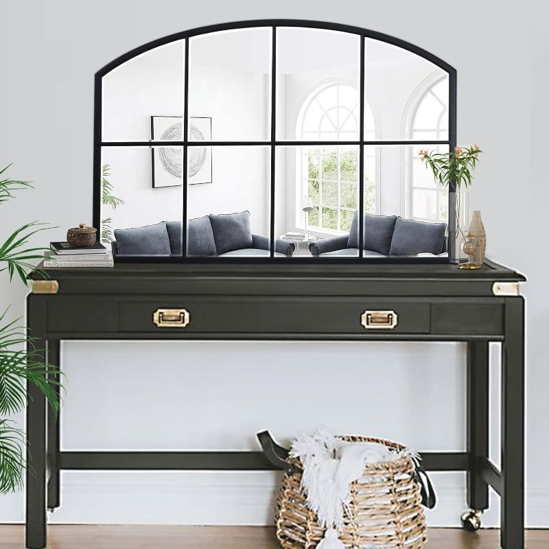 Photo 2 of Black Window Mirrors for Wall Decor, Farmhouse Wide Arched Mirror, Wood Framed Decorative Mirror for Living Room, Entryway, Hallway, Fireplace, 42“X28”
