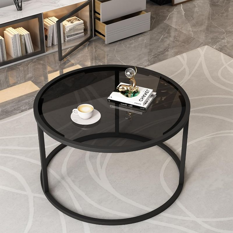 Photo 2 of Glass Coffee Table Modern Center Table,Minimalist Round Coffee Tea Table,Tempered Glass-top with Sturdy Metal Frame for Living Room Bedroom Office and Small Space, 27 x 27 x 17 Inch,Gray Black
