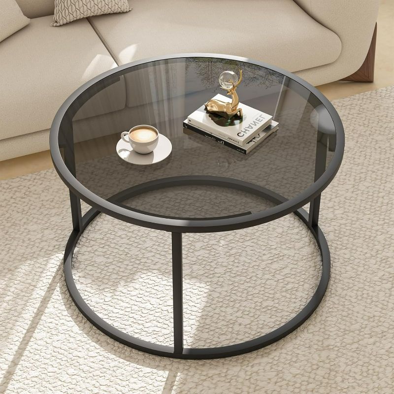 Photo 1 of Glass Coffee Table Modern Center Table,Minimalist Round Coffee Tea Table,Tempered Glass-top with Sturdy Metal Frame for Living Room Bedroom Office and Small Space, 27 x 27 x 17 Inch,Gray Black
