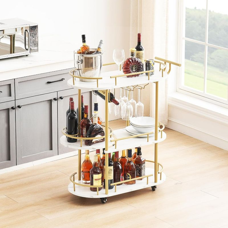 Photo 2 of Gold Bar Carts with 4-Tier Storage Shelves, Mobile Bar Serving Cart with Wine Rack and Glass Holder for Kitchen, Living Room, Dining Room
